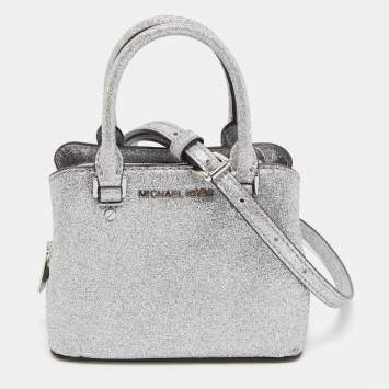 Pre Owned Michael Kors Silver Glitter Fabric XS Savannah Satchel