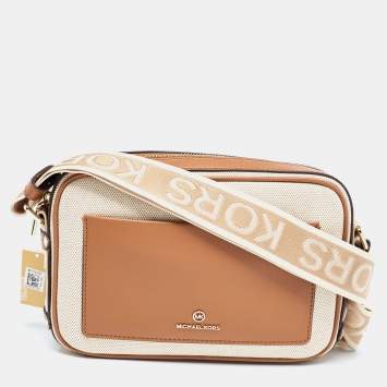 Pre Owned Michael Kors Beige/Tan Canvas And Leather Maeve Crossbody Bag