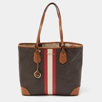 Pre Owned Michael Kors Brown Signature Coated Canvas and Leather Large Logo Stripe Eva Tote