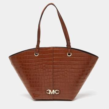 Pre Owned Michael Kors Brown Croc Embossed Leather Izzy Tote