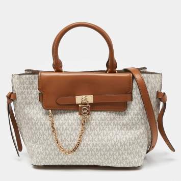 Pre Owned Michael Kors Vanilla/Tan Signature Coated Canvas and Leather Hamilton Legacy Belted Tote