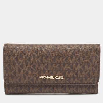 مملوكة مسبقًا Michael Kors Brown Signature Coated Canvas Large Jet Set Travel Trifold Wallet