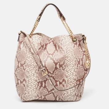 Pre Owned Michael Kors Beige Python Effect Leather Jet Set Chain Hobo 