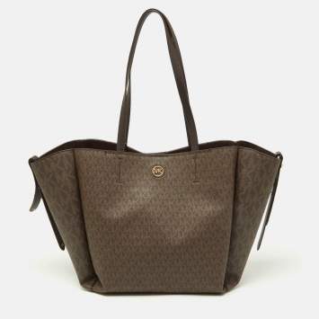 Pre Owned Michael Kors Brown Signature Coated Canvas and Leather Freya Tote