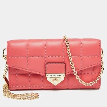 Pre Owned Michael Kors Rose Red Quilted Leather Large Soho Wallet On Chain