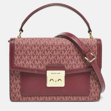 Pre Owned Michael Kors Burgundy Signature Coated Canvas Medium Johara Top Handle Bag