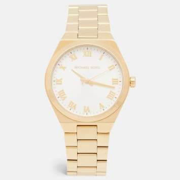Pre Owned Michael Kors Silver Gold Plated Stainless Steel Lennox MK7391 Unisex Wristwatch 37 mm