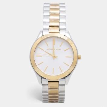 Pre Owned Michael Kors Silver Two Tone Stainless Steel Runway MK3198 Women's Wristwatch 42 mm