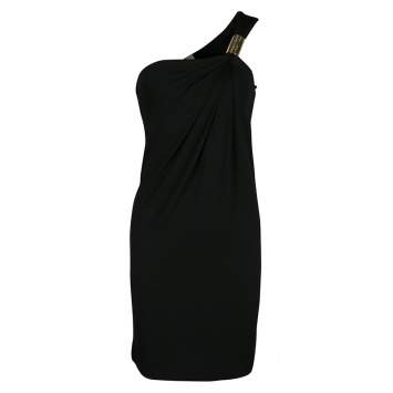 Pre Owned Michael Kors Black Draped Knit Metal Buckle Detail One Shoulder Dress XS