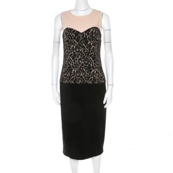 Pre Owned Michael Kors Black Lace Print Stretch Wool Crepe Dress M