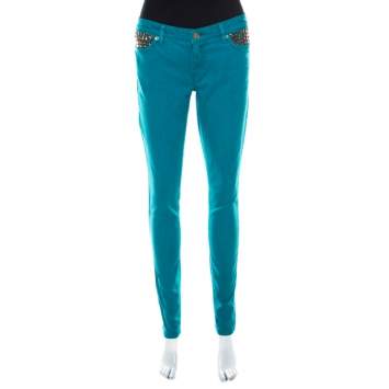 Pre Owned Michael Kors Turquoise Blue Denim Studded Pocket Detail Skinny Jeans S 