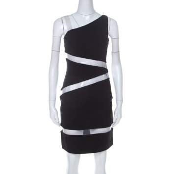 Pre Owned Michael Kors Black Moss Crepe PVC Insert One Shoulder Mini Dress S