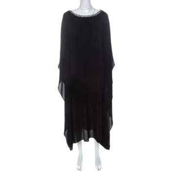 Pre Owned Michael Kors Black Crepe Embellished Bateau Neck Asymmetric Dress S
