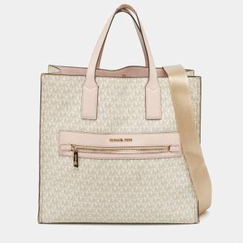 Pre Owned Michael Kors Off White/Pink Signature Coated Canvas Large Kenly Tote
