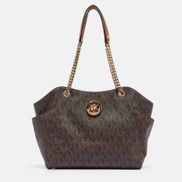 Pre Owned Michael Kors Brown Signature Coated Canvas and Leather Jet Set Travel Chain Bag