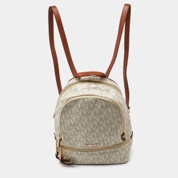 Pre Owned Michael Kors White/Tan Signature Coated Canvas and Leather Medium Rhea Backpack