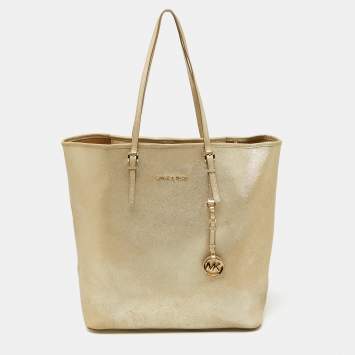 Pre Owned Michael Kors Gold Leather Jet Set Travel Shopper Tote