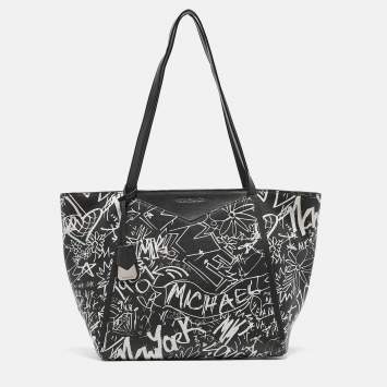 Pre Owned Michael Kors Black/White Leather Large Graffiti Whitney Tote