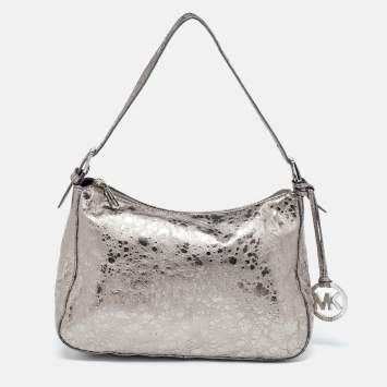 Pre Owned Michael Kors Metallic Grey Textured Patent and Leather Logo Charm Shoulder Bag