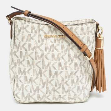 Pre Owned Michael Kors White Signature Coated Canvas and Leather Tassel Messenger Bag