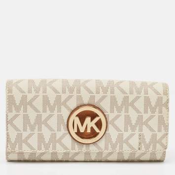 Pre Owned Michael Kors White/Brown Signature Coated Canvas and Leather Fulton Continental Wallet