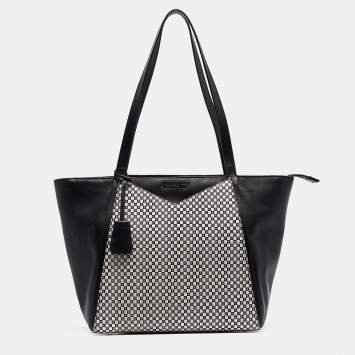Pre Owned Michael Kors Black/White Checkboard Logo Leather Large Whitney Tote