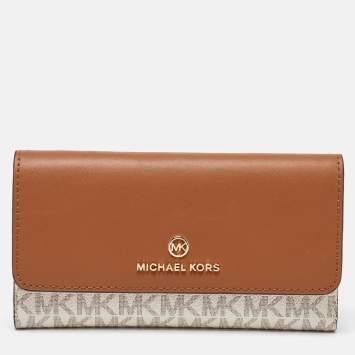 Pre Owned Michael Kors White/Tan Coated Canvas and Leather Fulton Continental Wallet
