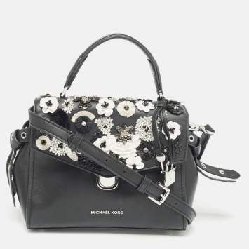 Pre Owned Michael Kors Black Leather Bristol Embellished Top Handle Bag