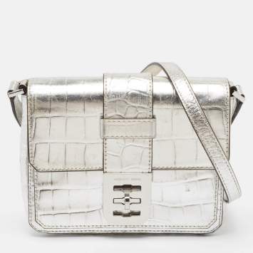 Pre Owned Michael Kors Silver Croc Embossed Leather Crossbody Bag