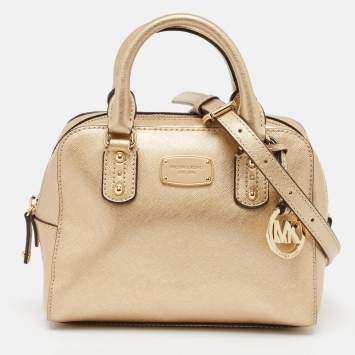 Pre Owned Michael Kors Gold Patent Leather Logo Dome Satchel