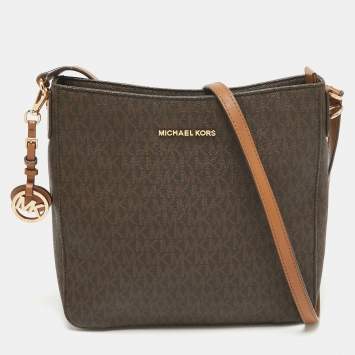 Pre Owned Michael Kors Dark Brown Signature Coated Canvas Jet Set Messenger Bag