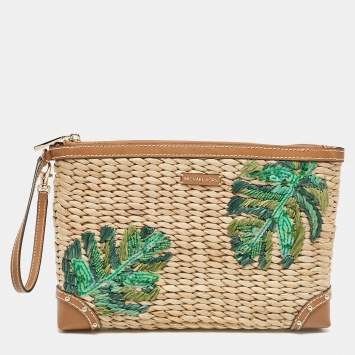 Pre Owned Michael Kors Tan Wicker Malibu Wristlet Zip Pouch