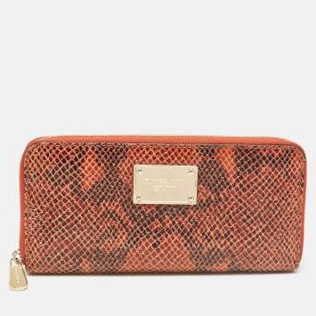 Pre Owned Michael Kors Orange/Brown Snakeskin Embossed Leather Jet Set Zip Around Wallet
