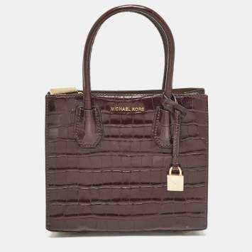Pre Owned Michael Kors Purple Croc Embossed Leather Mini Mercer Tote