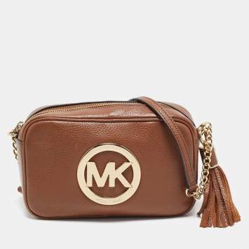 Pre Owned Michael Kors Brown Leather Logo Camera Crossbody Bag