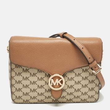 Pre Owned Michael Kors Beige/Brown Signature Coated Canvas and Leather Fulton Crossbody Bag