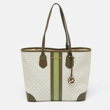 Pre Owned Michael Kors White/Green Signature Coated Canvas and Leather Large Jet Set Tote