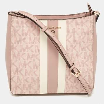 Pre Owned Michael Kors Pink Center Stripe Gloria Signature Coated Canvas and Leather Crossbody Bag