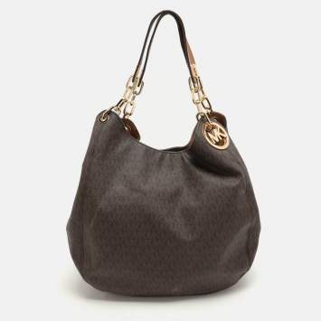 Pre Owned Michael Kors Dark Brown Signature Coated Canvas and Leather Fulton Hobo