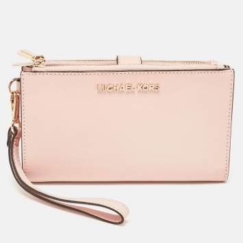 Pre Owned Michael Kors Pink Leather Jet Set Travel Zip Wristlet Wallet