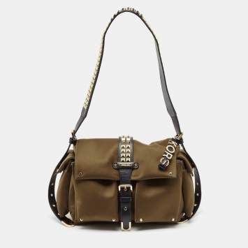 Pre Owned Michael Kors Green/Black Studded Satin Olivia Shoulder Bag