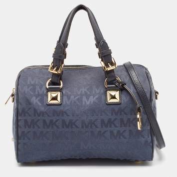 Pre Owned Michael Kors Navy Blue Signature Canvas and Leather Grayson Satchel