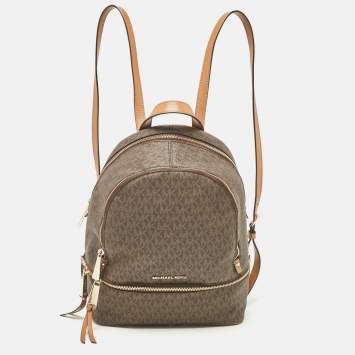 Pre Owned Michael Kors Brown Signature Coated Canvas and Leather Medium Rhea Backpack