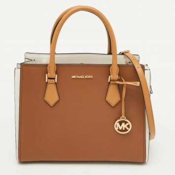 Pre Owned Michael Kors Brown/White Leather Large Hope Tote