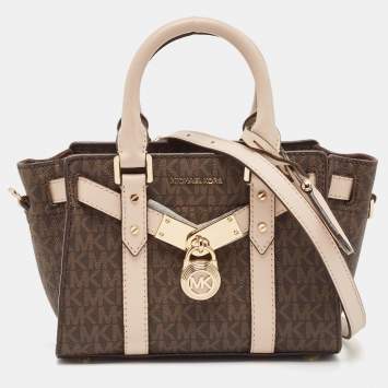Pre Owned Michael Kors Brown/Pink Siganture Coated Canvas Mini Nouveau Hamilton Crossbody Bag