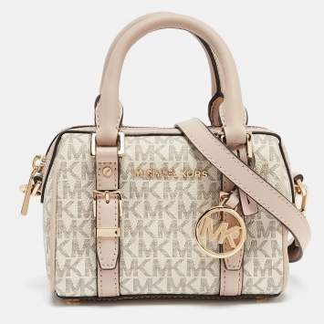 Pre Owned Michael Kors Pink/Grey Signature Coated Canvas Extra Small Bedford Legacy Crossbody Bag