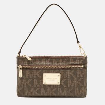Pre Owned Michael Kors Dark Brown Signature Coated Canvas and Leather Wristlet Clutch