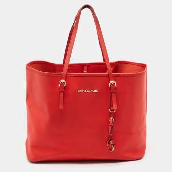 Pre Owned Michael Kors Red Leather Large Jet Set Travel Tote