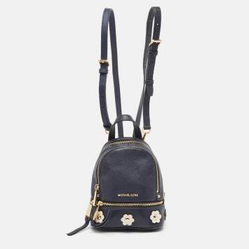 Pre Owned Michael Kors Navy Blue Leather Floral Rhea Backpack