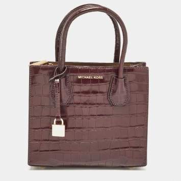 Pre Owned Michael Kors Burgundy Croc Embossed Leather Mini Mercer Tote